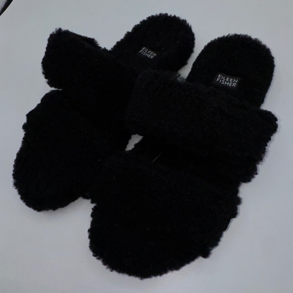 EILEEN FISHER Shoes Womens 7.5 Dello‎ Shearling Slide Sandal Black Lamb Fur Slip - Picture 4 of 13